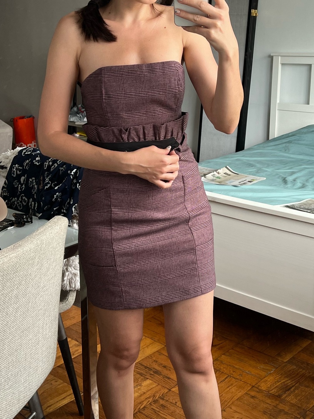 Fleur du Mal Dress size 2, strapless Wisteria, belted Plaid